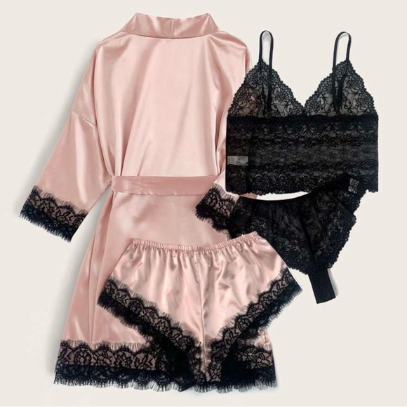 Elegant Pink and Black Lace Sleepwear Set - Picture 2 of 5